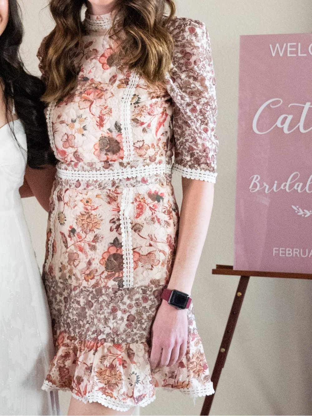 Just Me Cream Floral Mini Dress with Brown and Pink Accents